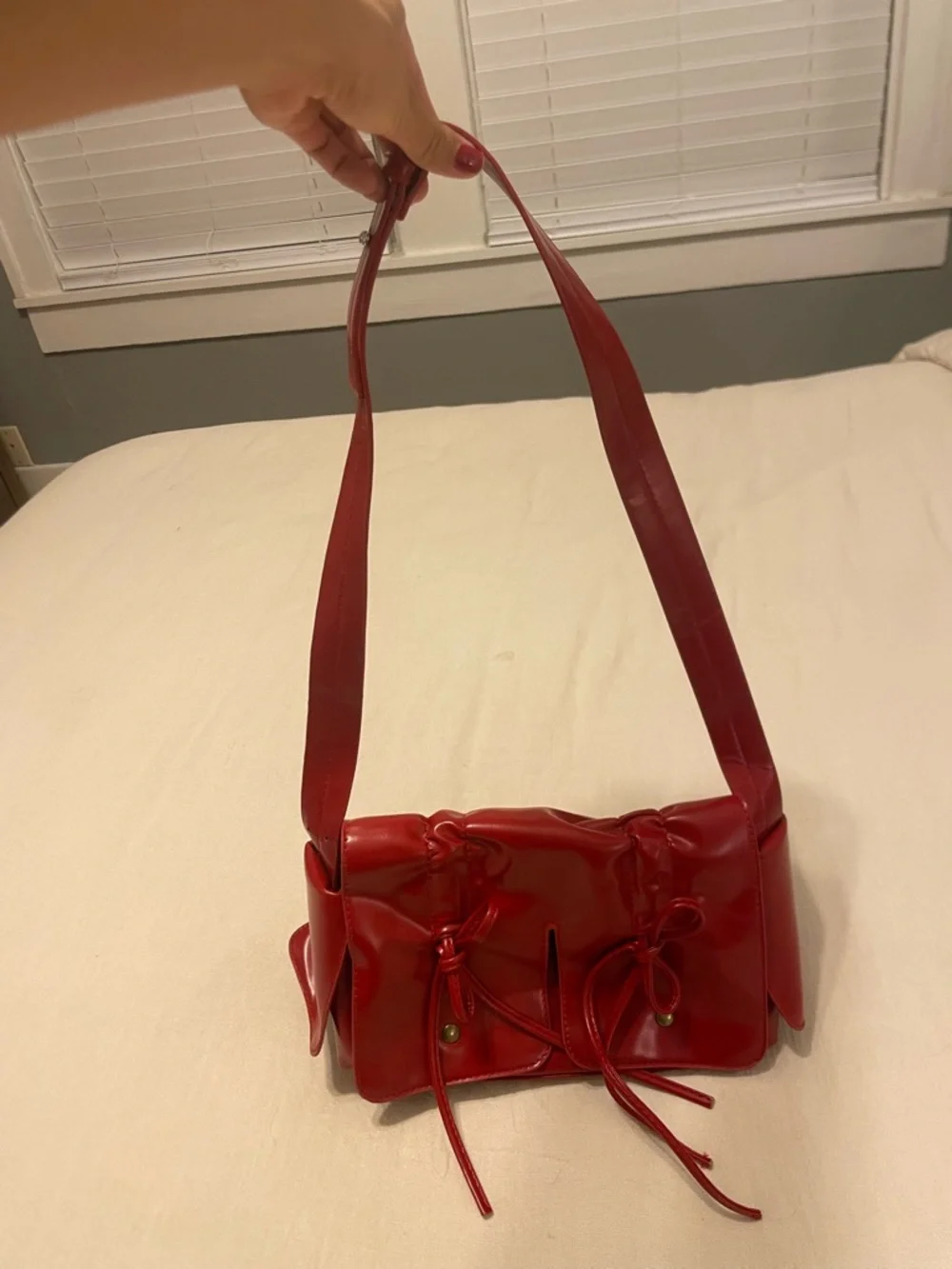 SHEIN Red Faux Leather Shoulder Bag with Bow-Tie Accents
